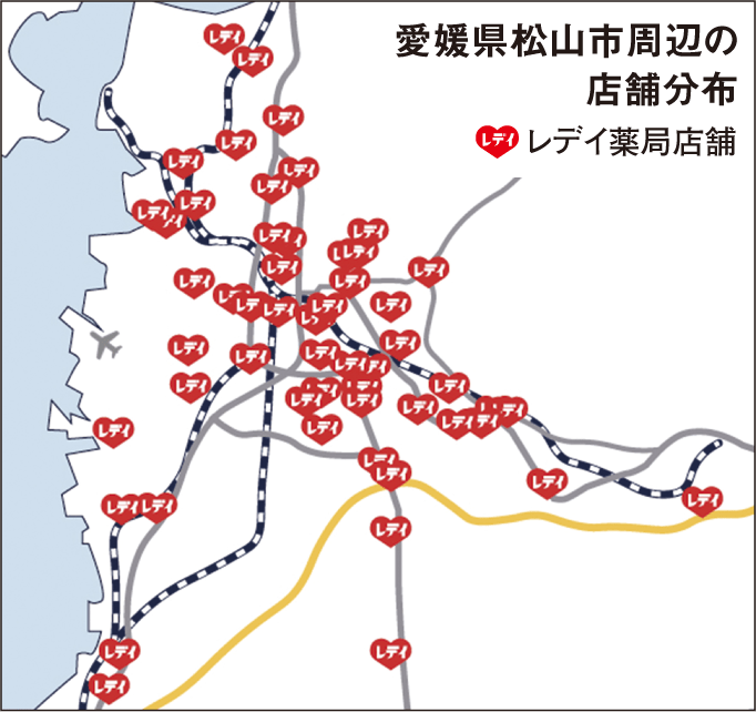図：愛媛県松山市内周辺のレデイ薬局の店舗分布